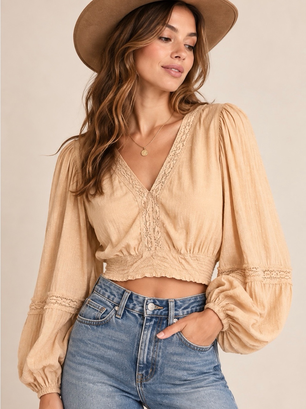 NWT Band of the Free Camel Lace Balloon Sleeve Crop Blouse Size XS